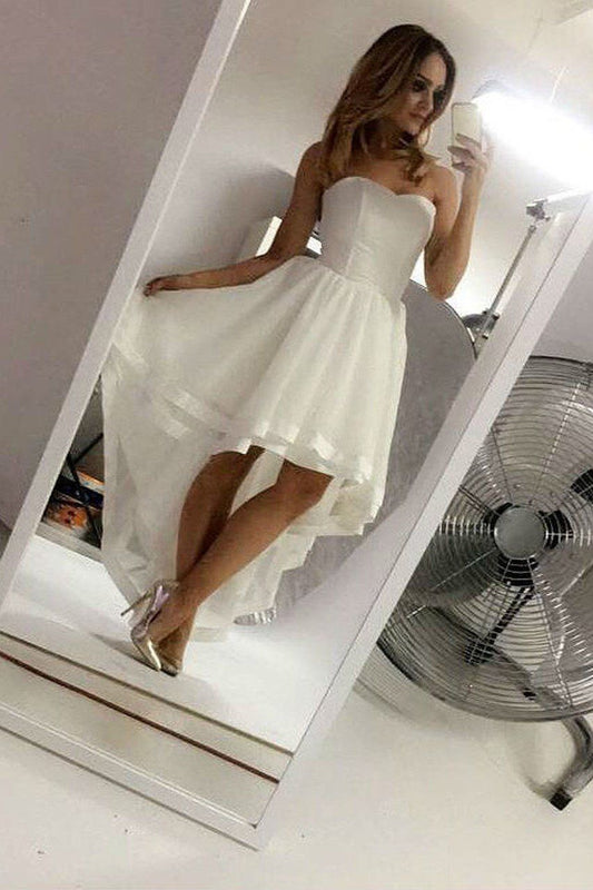 High-Low Satin Short Prom Dress with Sweetheart Neckline, PD23030312