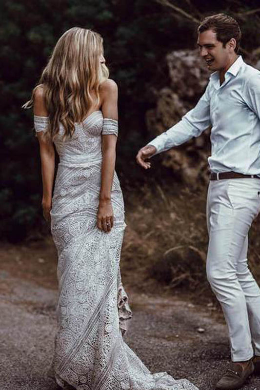Ivory Lace Rustic Boho Beach Wedding Dress with Sweetheart Neckline, WD230226102