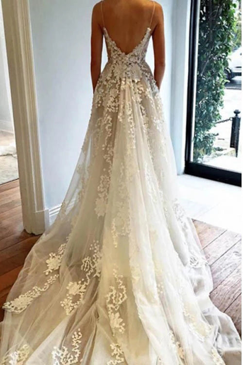 Boho Beach Wedding Gown with Appliqued Lace and Spaghetti Straps, WD2303261