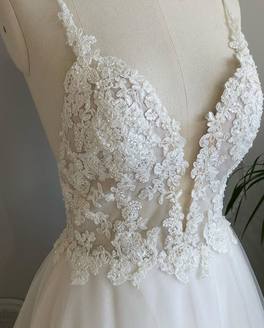 White V-Neck Backless Lace Prom Dress, Formal Wedding or Bridesmaid Dress, BD23031118