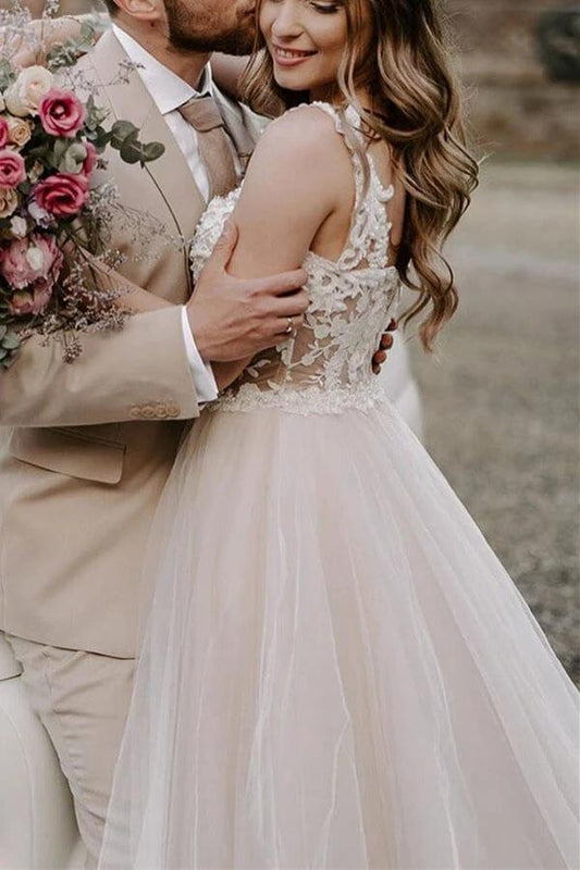 Bohemian Off-the-Shoulder A-Line Tulle Lace Beach Wedding Dress, WD23022356