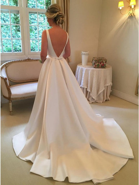 Ivory Backless Wedding Dresses with Sweep Train, WD23022638