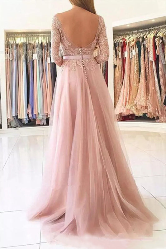 Long Sleeve Pink A-Line Side Slit Prom Dress - Princess, PD2303288