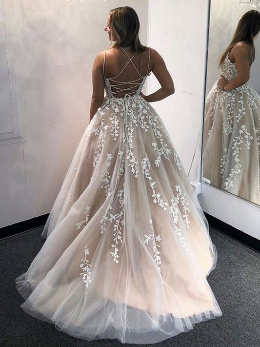 Champagne Lace Open Back Wedding Dress, WD2302263