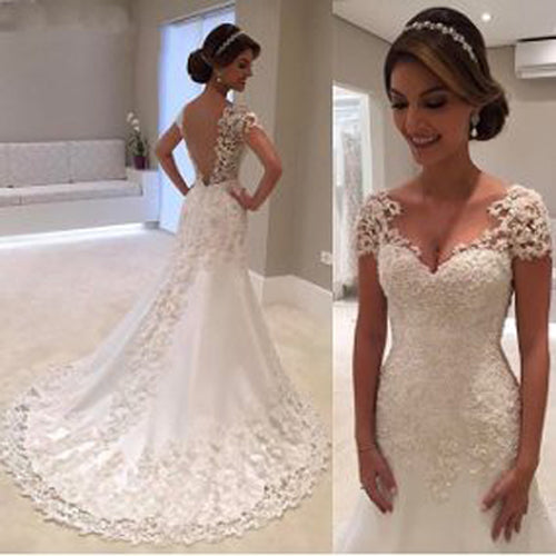 Long Mermaid Lace Cap Sleeves Wedding Dress, WD2303161