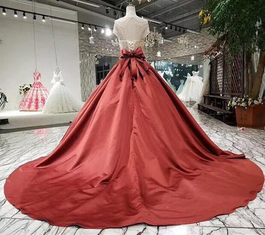 Satin Beaded Prom Dress - Long Sleeve Ball Gown, PD23022232