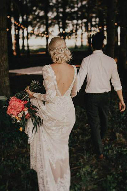 Sheath Ivory Lace Country Wedding Dress with Long Sleeves and Backless Design, WD23041114