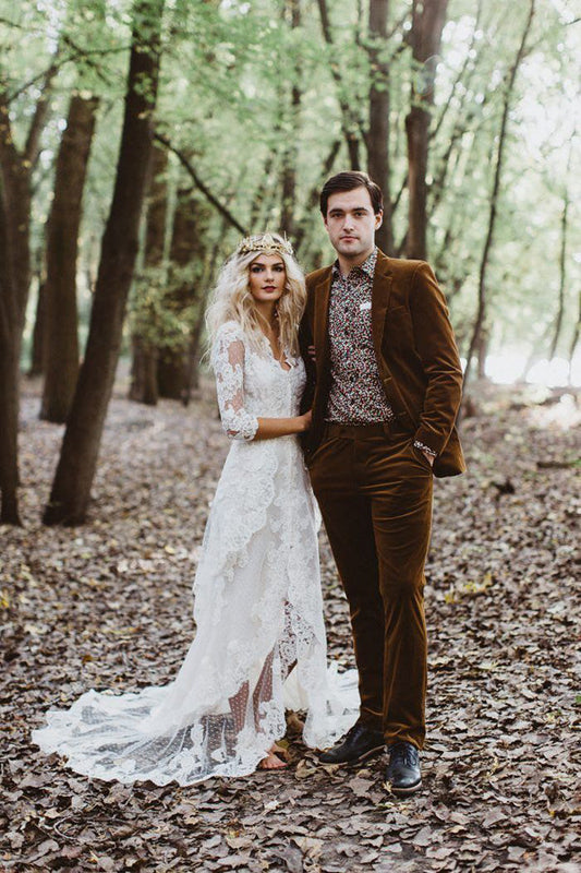 Ivory Lace Mermaid Wedding Gown with Unlined Sleeves and Front Slit, WD230226101