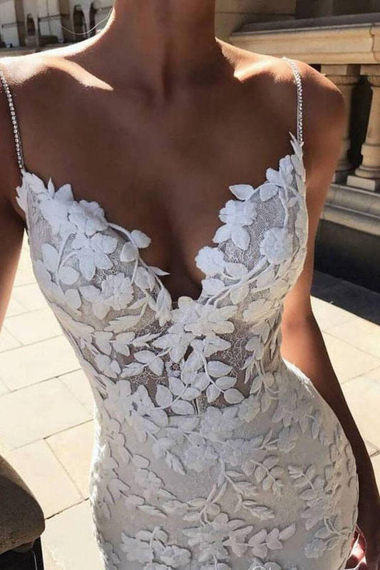 Vintage Mermaid Wedding Dress with Lace Appliques and Spaghetti Straps, WD230226112