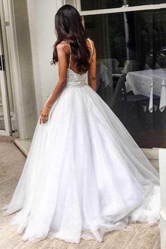 Spaghetti Strap Lace Top Wedding Dress with Sweep Train, WD23022677
