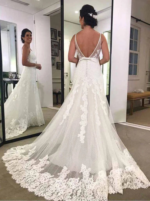 Printed Backless Lace Beach Wedding Dress with Spaghetti Straps and Sash, WD230226107