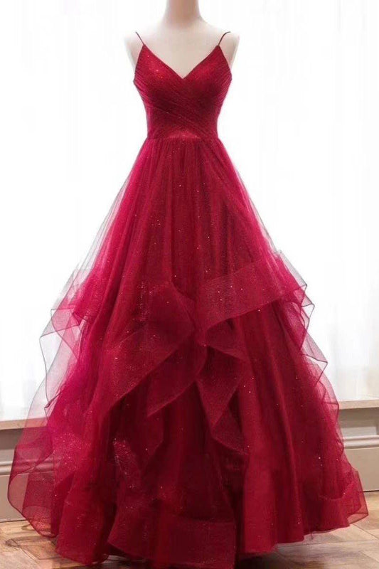 Red Sweetheart Layered Tulle A-Line Prom Dress, PD23030150