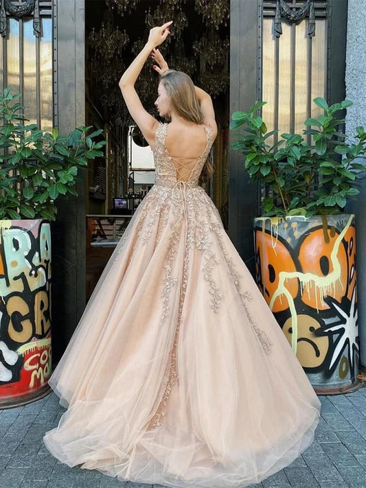 Champagne Wedding Dress with Open Back and Lace, WD23022635