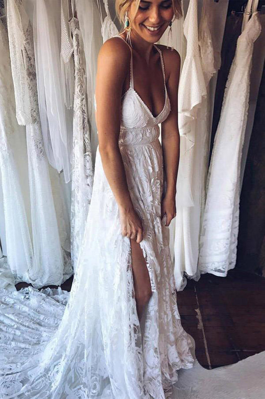 Ivory Lace Wedding Dress with V-neckline and Floor-Length Hemline , WD23022374