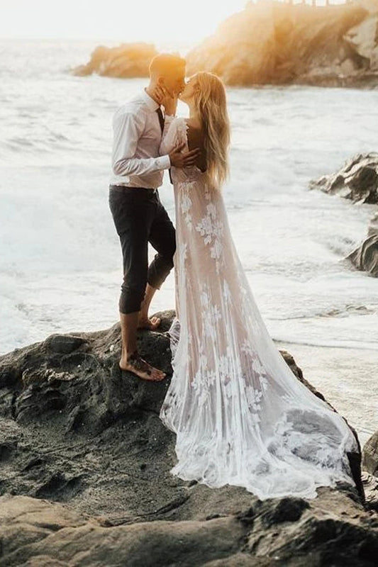 Boho A-line Wedding Dress with Long Sleeves and Backless Design, WD2303020
