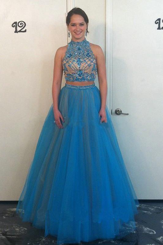 Lavender Two-Piece High Neck Backless Long Prom Dress with Beading, PD2303040