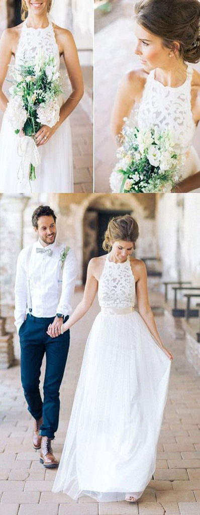White Halter Neck Lace Long Sheath Beach Wedding Dress, WD23022715