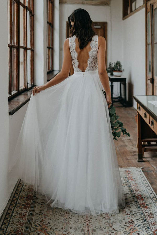 Open Back A-Line Wedding Dress with Tulle and Lace, WD230226106