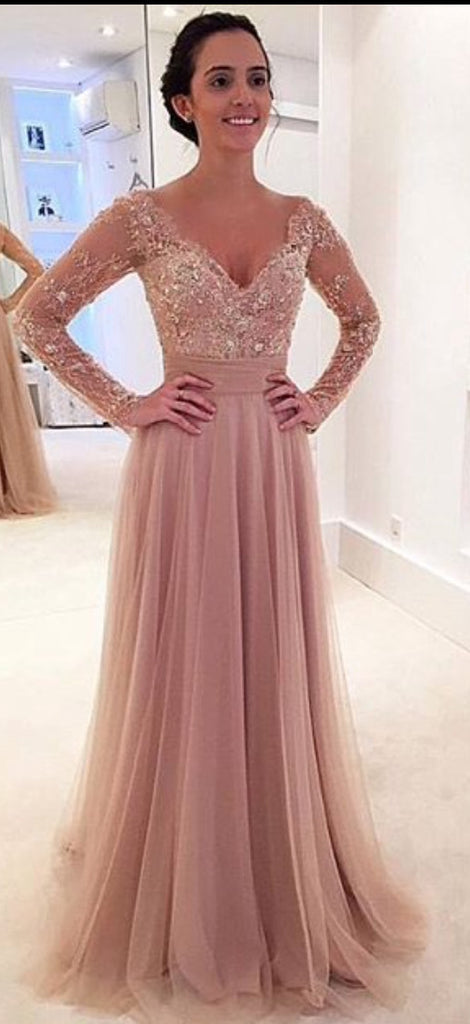 V-Neck Lace Wedding Dress with Long Sleeves, WD23022643