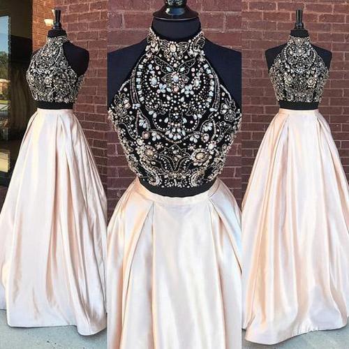 Elegant Two-Piece Beaded High Neck Long Prom Dress, PD23022250