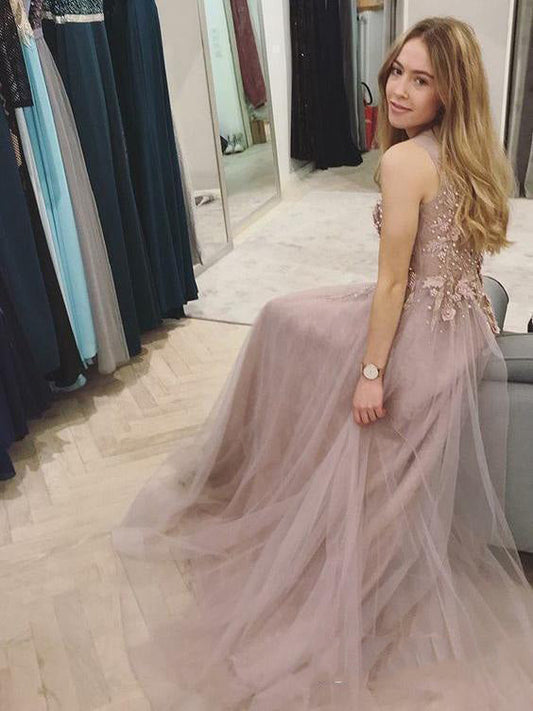 Dusty-Rose A-line Tulle Applique Beaded Sleeveless Prom Dress, PD23031327