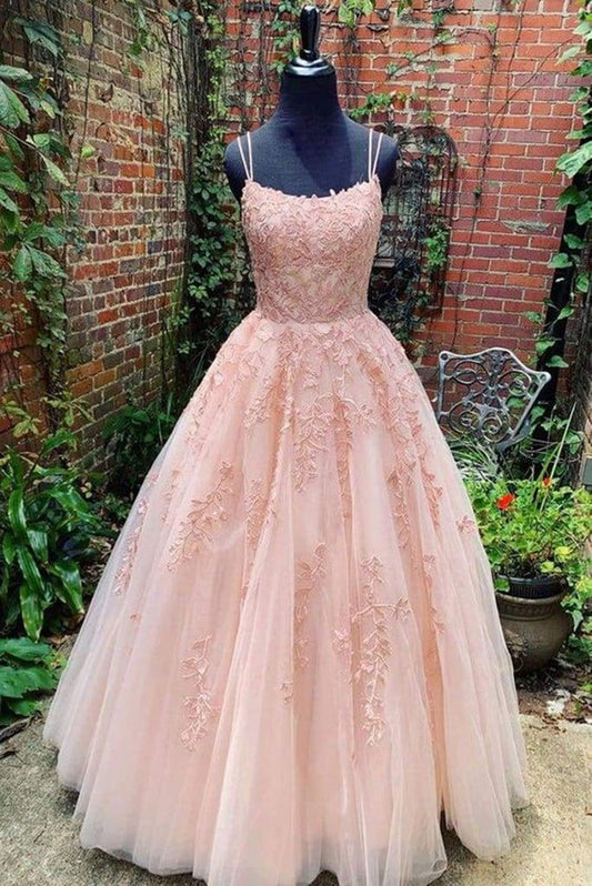 Champagne Pink Wedding Dress with Open Back and Lace, WD23022629