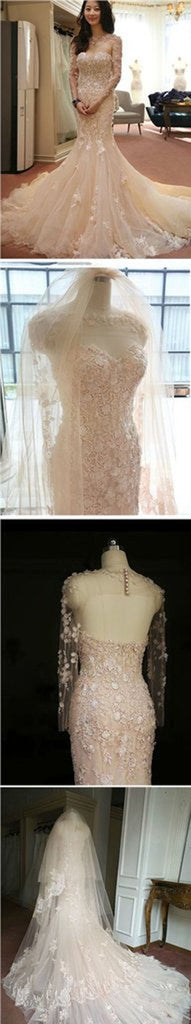 Two-Piece Pink Mermaid Long Sleeve Wedding Dress with Appliques, WD2303165