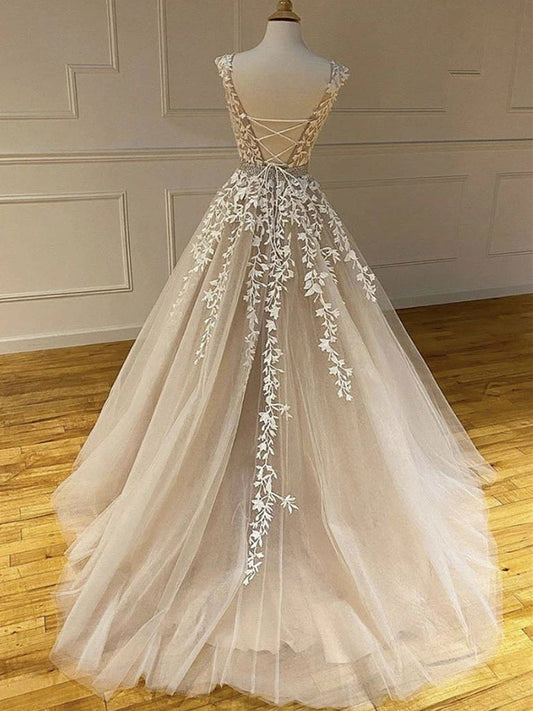 Champagne Round Neck Long Lace Wedding Dress, WD23022644