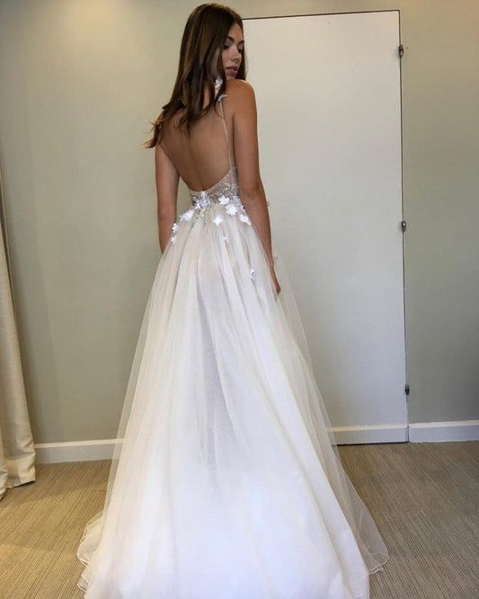 Ivory V-Neck Backless Beaded Wedding Dress with 3D Flowers, WD23022640