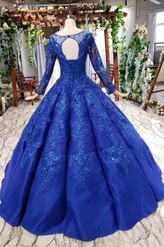Royal Blue Appliqued Ball Gown - Long Sleeve Prom Dress, PD23022231