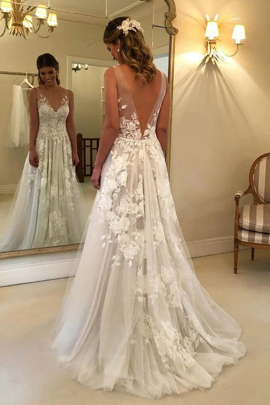 Lace V-Neck A-Line Wedding Dress with Tulle and Appliques, WD230226104