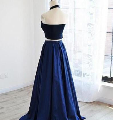 Navy Satin Halter Two-Piece Prom Dress, PD2303027