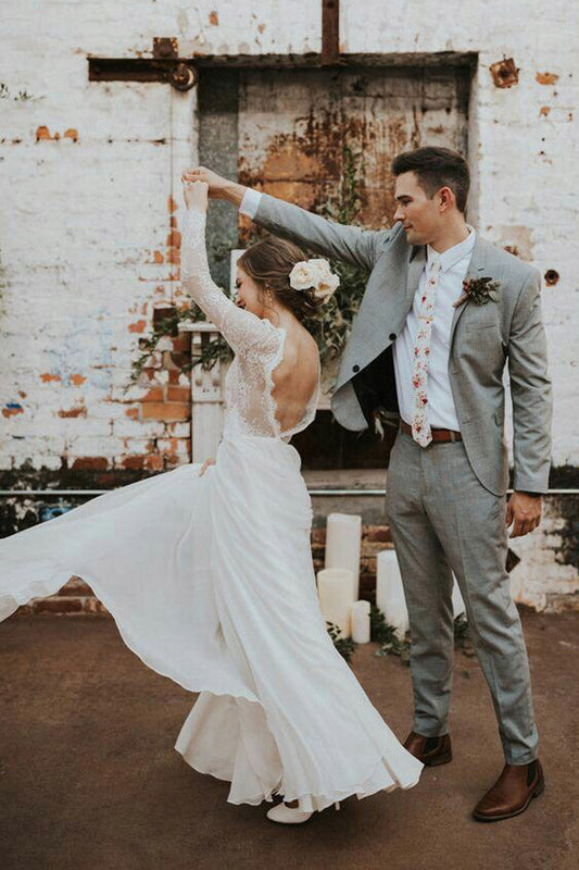 Romantic Boho Beach Wedding Dress with Long Sleeves and Lace Back, WD23041110