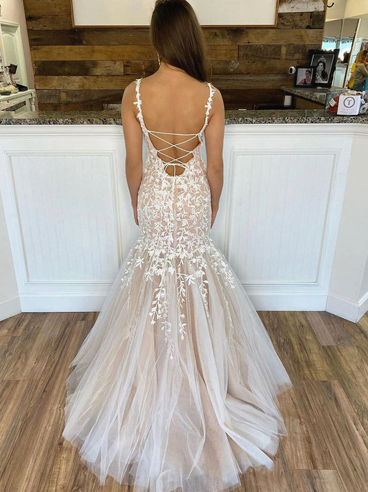 Champagne Mermaid Wedding Dresses with Lace, WD23022627