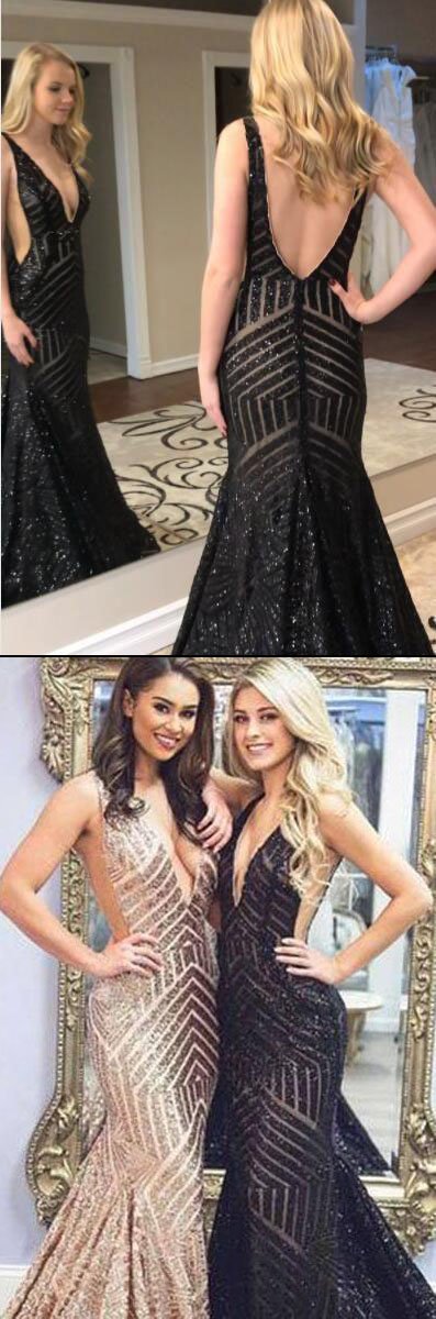 Sexy Deep V-Neck Rose Gold Sequins Mermaid Black Long Backless Prom Dresses