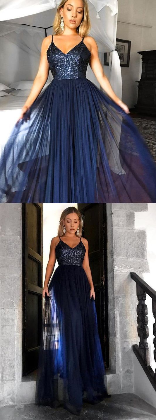 spaghetti straps navy sequin top long prom dress, PD5889