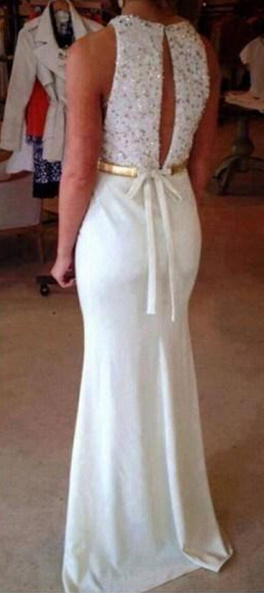 elegant round neck white mermaid formal long prom dress, PD56568