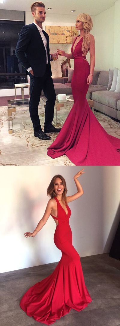open back v-neck red mermaid elegant charming long evening dress, PD440