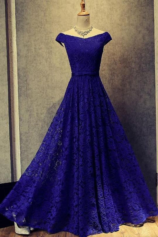Modest Cap Sleeves Royal Blue Lace Long Prom Dress - JLDressCA
