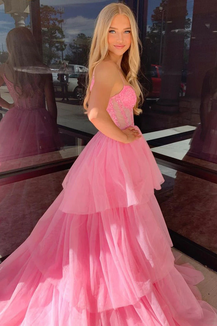 Cute Pink Tiered Tulle Long Prom Dress: A Dreamy Choice