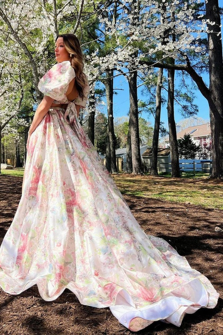 Flower-Printed Elegance: Two Piece Princess Floral Printed Long Prom Dresses with Slit