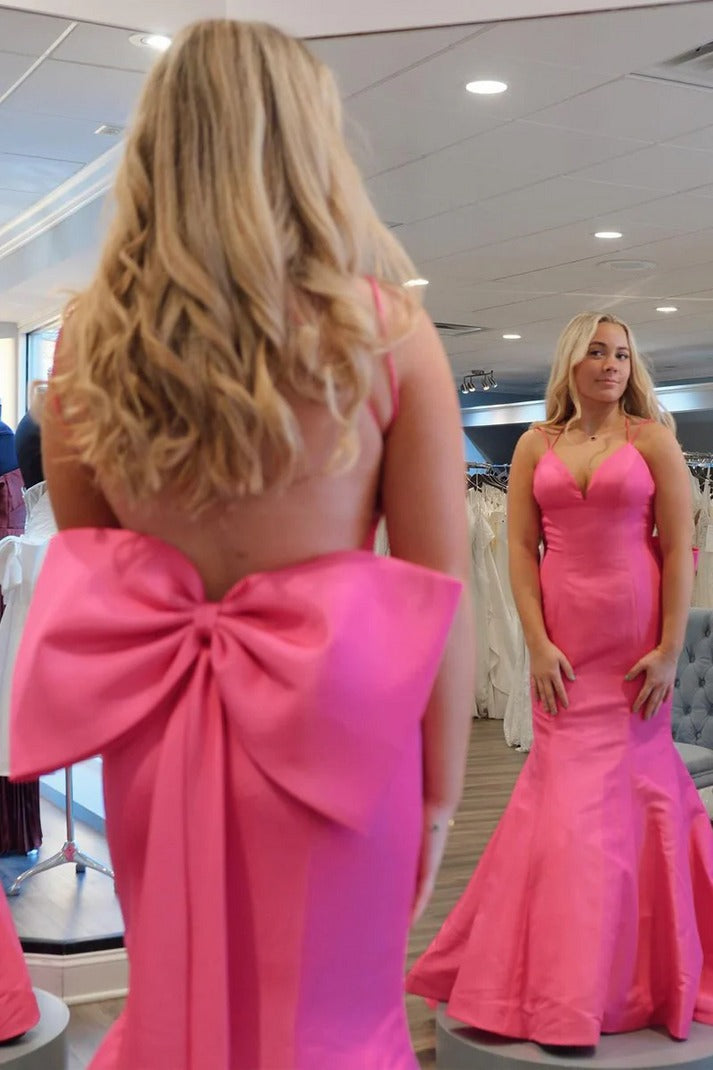 The Enchanting Pink V-Neck Satin Mermaid Long Prom Dress