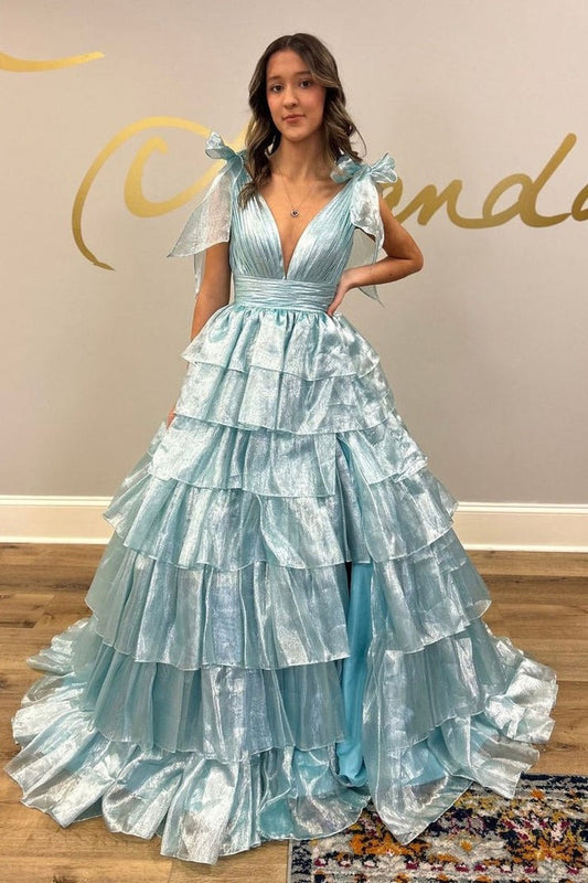 A Dreamy Blue Prom Dress: V Neck Blue Ruffle Tiered Organza Prom Dress with Bow