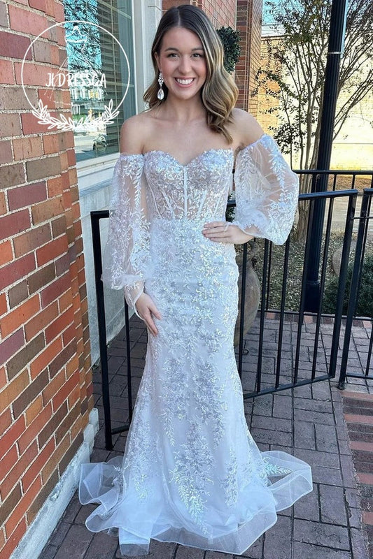 The Enchanting Allure of the White Strapless Sequin Lace Long Formal Dress with Balloon Sleeves for Prom