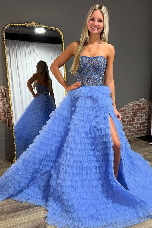 Dive into the Blue: How This Strapless Ball Gown Tiered Tulle Prom Dress with Beading Became My Fairy Tale