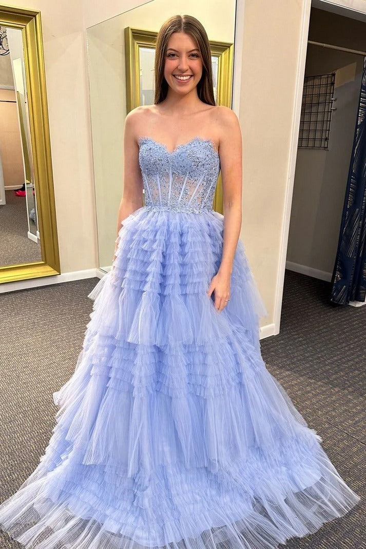 The Allure of Tiered Tulle A-Line Long Prom Dress with Ruffles and Appliques
