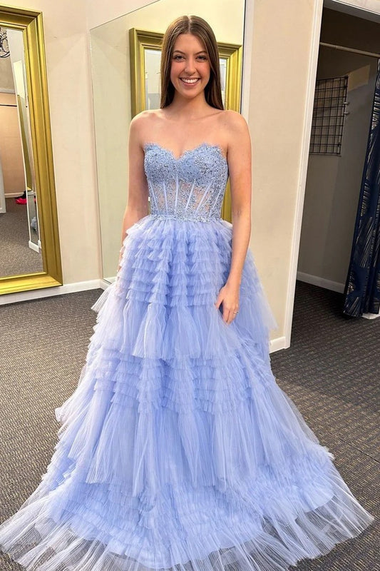 The Allure of Tiered Tulle A-Line Long Prom Dress with Ruffles and Appliques