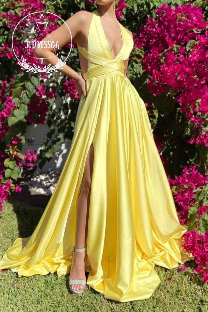 Sunlit Glamour: The Yellow Stylish A Line Deep V Neck Long Prom Dress with Criss Cross Back