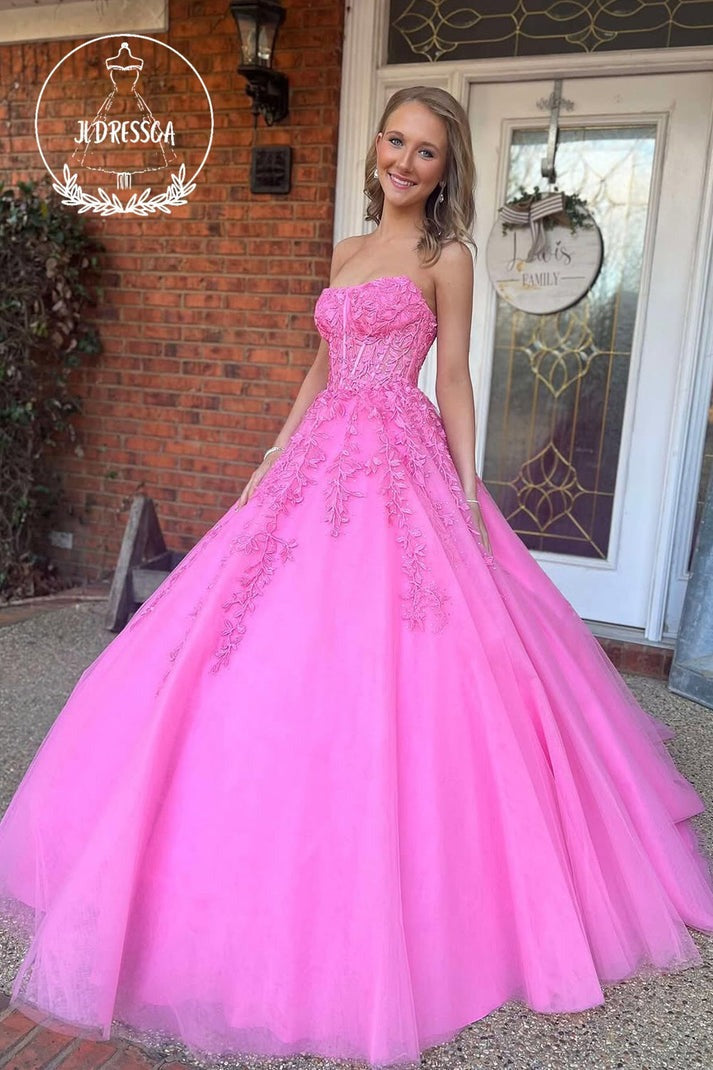 Dazzle in the Pink Strapless A-Line Tulle Long Prom Dress with Appliques