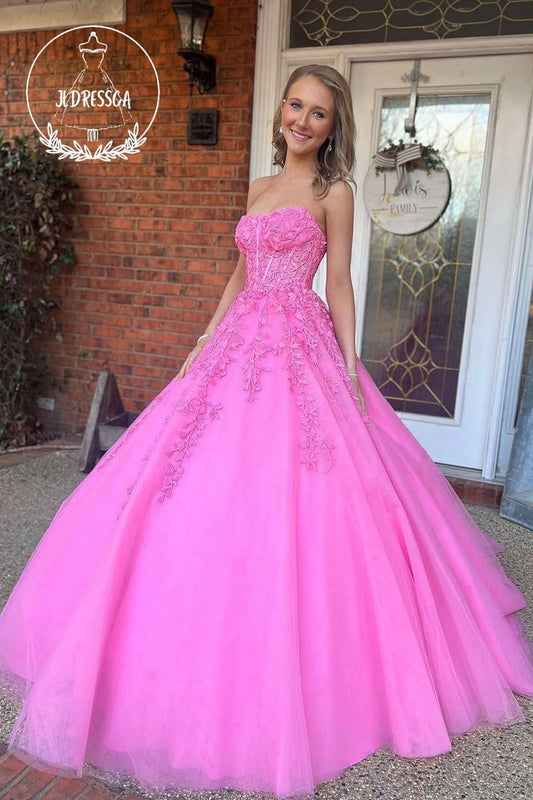 Dazzle in the Pink Strapless A-Line Tulle Long Prom Dress with Appliques
